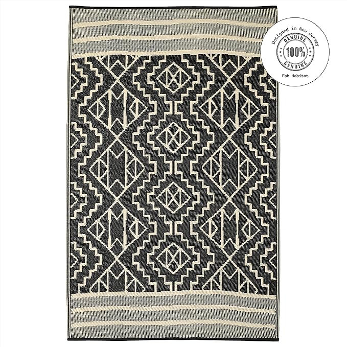 Fab Habitat Outdoor Rug - Waterproof, Fade Resistant, Crease-Free - Premium Recycled Plastic - Tribal Boho Neutral - Patio, Deck, Porch, Balcony, Laundry Room - Kilimanjaro - Black - 4 x 6 ft