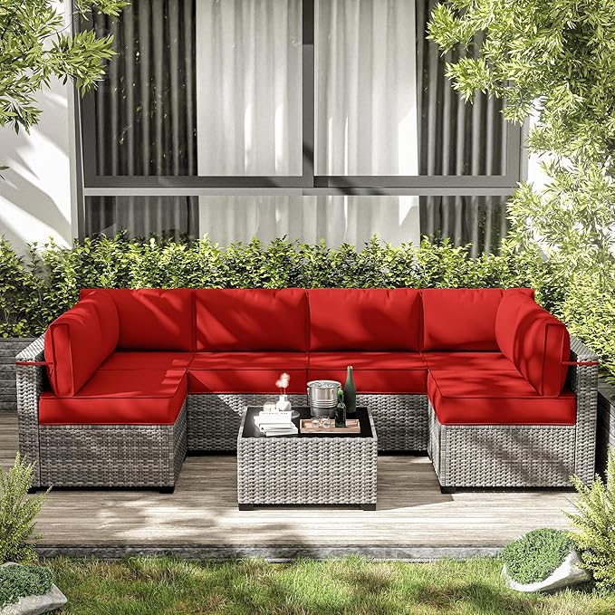 14-Piece Outdoor Cushions for Patio Furniture Thick Outdoor Chair Cushions 5" Foam High-Density Water-Resistant Deep Seat Cushion for 6-Seat Sectional Sets Liner&Cover Red