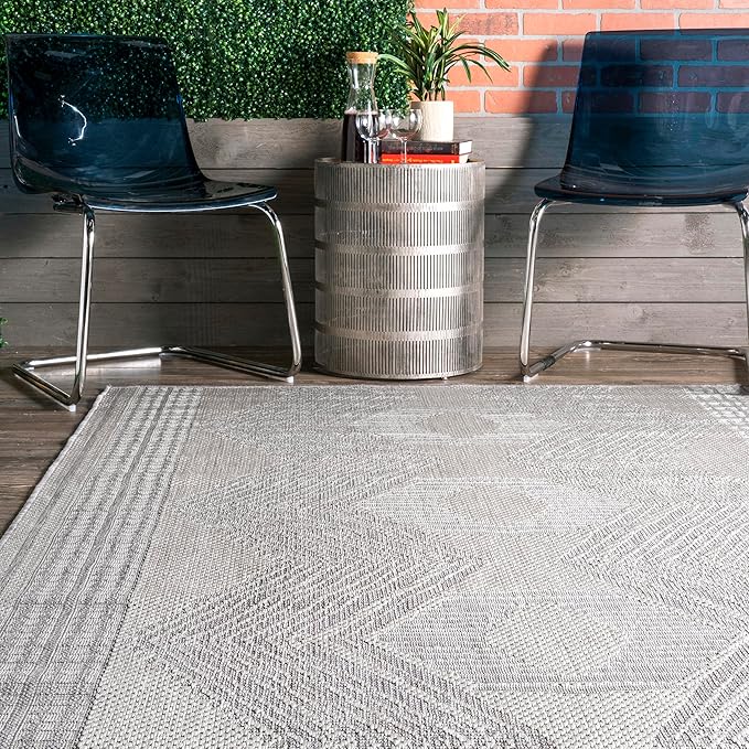 Nuloom Ranya Light Grey/Ivory, 6'7" Square, Tribal Geometric, Soft and Cozy, High Traffic, Stain Resistant, Easy Clean, Durable Area Rug for Indoor/Outdoor Patio, Deck, Porch, Garden, Courtyard
