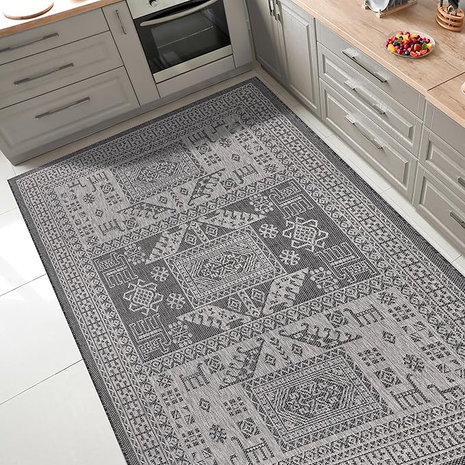 Keen Home Design Terrace Outdoor Area Rug - 46"x67" Washable Indoor/Outdoor Rug for Patio, Kitchen, Balcony, Beach, Garden, Deck and Porch, Size: 3'10" x 5'7", Force Black