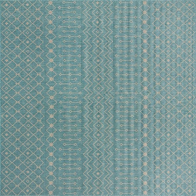 Unique Loom Outdoor Trellis Collection Area Rug - Tribal Trellis (13' Square, Aqua/ Ivory)
