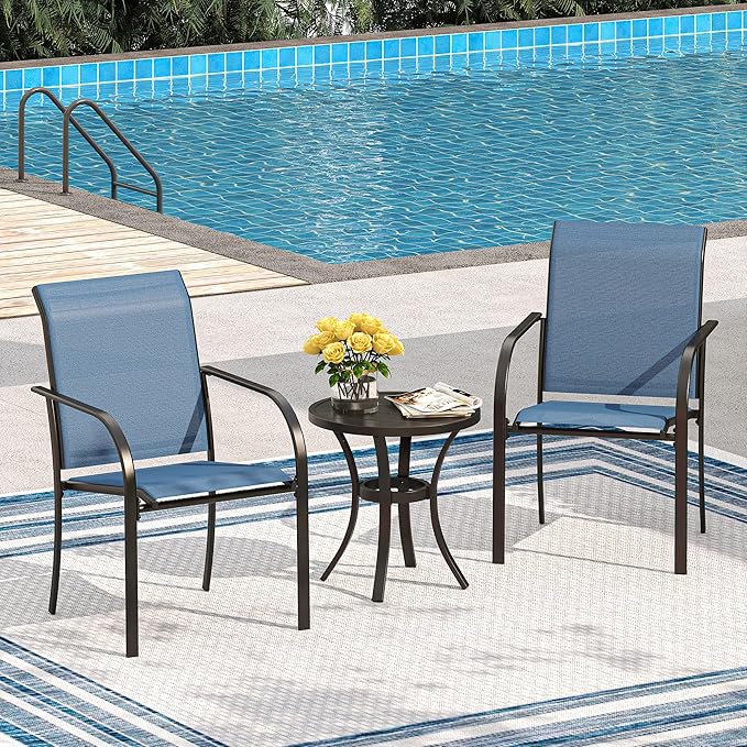 VICLLAX Patio Stackable Dining Chairs Set for 2, Outdoor Sling Chairs with Metal Frame for Front Porch Balcony Backyard Garden and Deck, Dark Blue