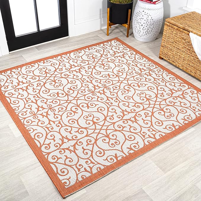 JONATHAN Y Vintage Filigree Indoor Outdoor Square Area Rug 5X5 Cream/Orange, Madrid Textured Weave for Backyard, Patio, Porch, Easy-Cleaning, High Traffic, Pet-Friendly, Non-Shedding (SMB107L-5SQ)