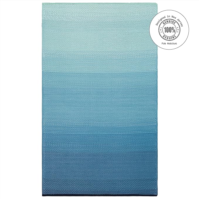 Fab Habitat Outdoor Rug - Waterproof, Fade Resistant, Crease-Free - Premium Recycled Plastic - Ombre - Patio, Porch, Deck, Balcony - Big Sur - Teal - 5 x 8 ft