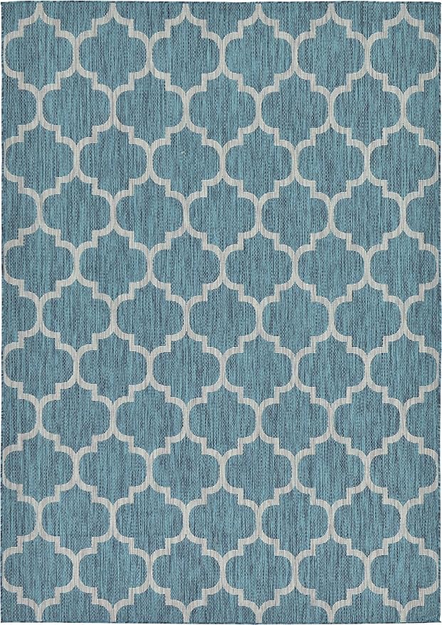 Unique Loom Outdoor Trellis Collection Area Rug (7' 1" x 10' Rectangle, Teal/ Gray)