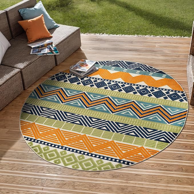 Rugshop Multi Marbella Boho Indoor/Outdoor Round Area Rug, Machine Washable for Patio, Deck and Seating Area 8' Round