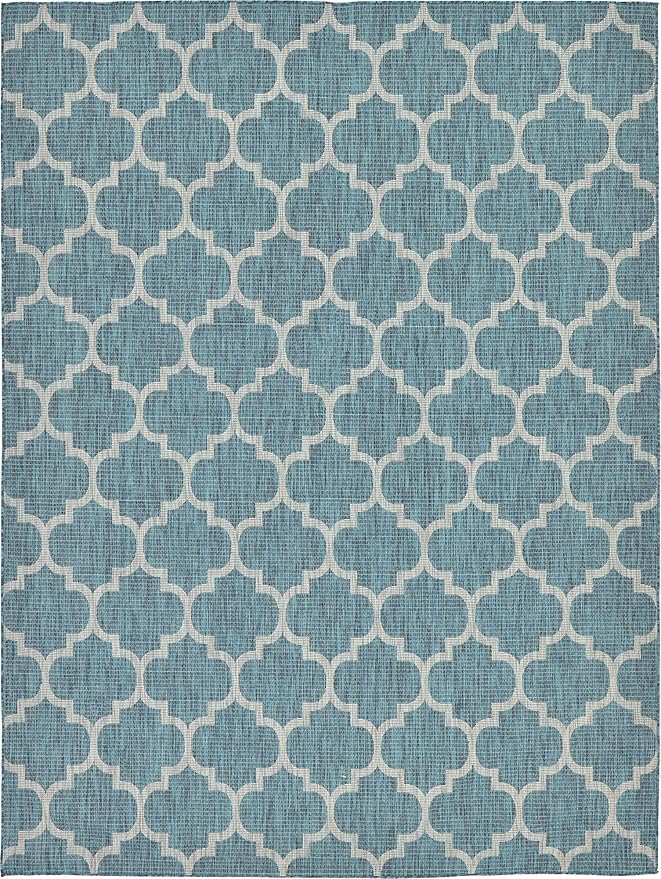 Unique Loom Outdoor Trellis Collection Area Rug (9' x 12' Rectangle, Teal/ Gray)