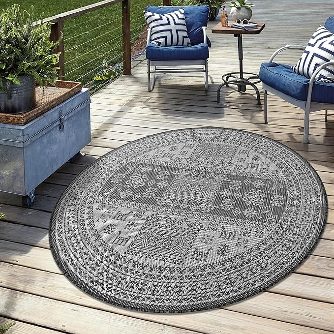 Keen Home Design Terrace Outdoor Area Rug - 63" Round Washable Indoor/Outdoor Rug for Patio, Kitchen, Balcony, Beach, Garden, Deck and Porch, Size: 5'3" Round, Force Black