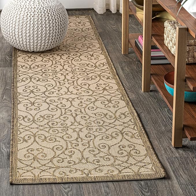 JONATHAN Y Vintage Filigree Indoor Outdoor Runner Rug 2X8 Beige/Brown, Madrid Textured Weave for Backyard, Patio, Porch, Easy-Cleaning, High Traffic, Pet-Friendly, Non-Shedding (SMB107B-28)
