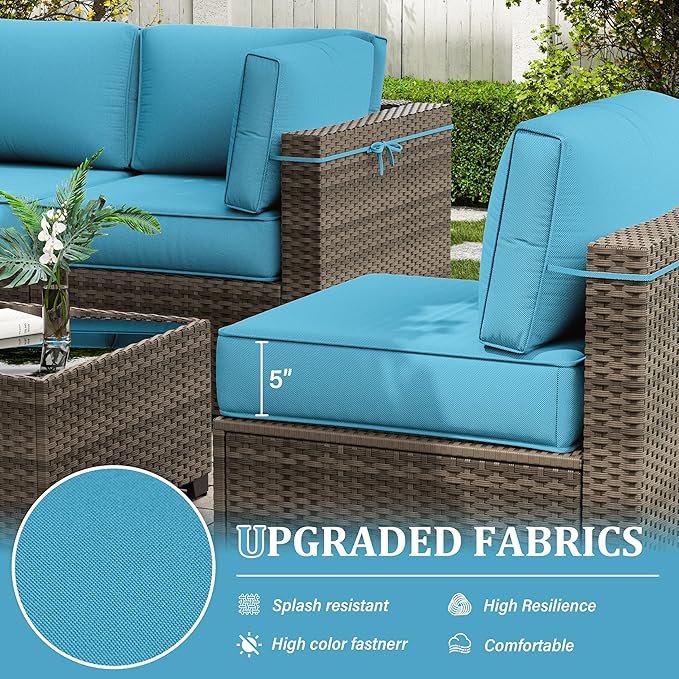 Outdoor Furniture Replacement Cushions, 5" Foam Foam High-Density, Fits 6-seat Sectional Rattan Conversation Set, 14 Piece Patio Water-Resistant Replacement Sofa Cushions, Liner&Cover
