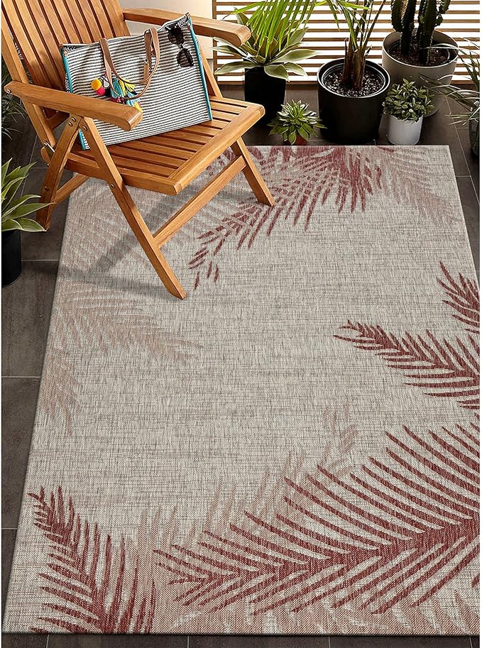LR Home 5x7 Indoor/Outdoor Area Rug for Home Decor | Coastal Palm Leaf Carpet for Living Room, Bedroom, Playroom, Patio, Garden | Modern Farmhouse Rug | Red/Beige