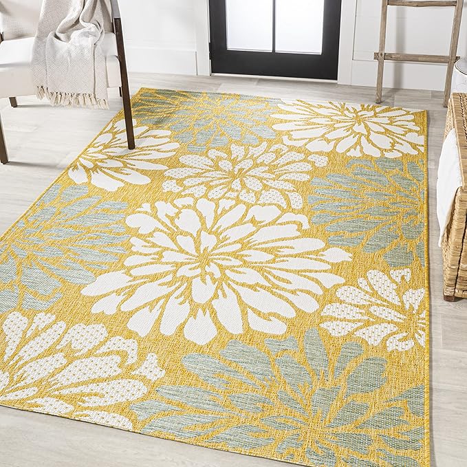 JONATHAN Y Floral Textured Weave Indoor Outdoor Area Rug 4X6 Yellow/Cream, Zinnia Modern for Backyard, Patio, Porch, Easy-Cleaning, High Traffic, Pet-Friendly, Non-Shedding (SMB110G-4)