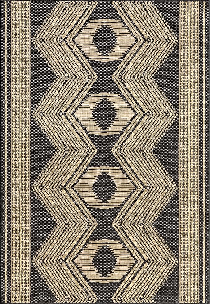 nuLOOM 4' x 6' Outdoor Tribal Geometric Area Rug, Stain Resistant, Weather Resistant, High Traffic, Patio, Balcony, Outside, Ranya Dark Grey