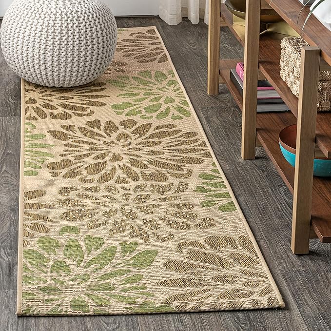 JONATHAN Y Floral Textured Weave Indoor Outdoor Runner Rug 2X10 Sage/Brown, Zinnia Modern for Backyard, Patio, Porch, Easy-Cleaning, High Traffic, Pet-Friendly, Non-Shedding (SMB110A-210)