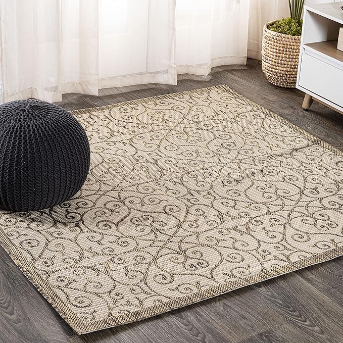 JONATHAN Y Vintage Filigree Indoor Outdoor Square Area Rug 9X9 Beige/Brown, Madrid Textured Weave for Backyard, Patio, Porch, Easy-Cleaning, High Traffic, Pet-Friendly, Non-Shedding (SMB107B-9SQ)