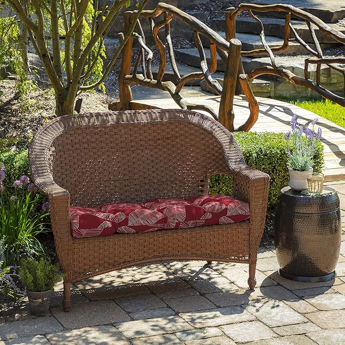 Arden Outdoor Wicker Settee Cushion, 41.5 x 18, Rain-Proof, Fade Resistant Red Leaf Palm
