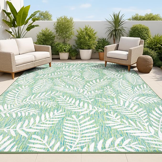 JONATHAN Y Palm Frond Indoor Outdoor Area Rug 9X12 Cream/Green, Nevis for Backyard, Patio, Porch, Easy-Cleaning, High Traffic, Pet-Friendly, Non-Shedding (SMB119G-9)