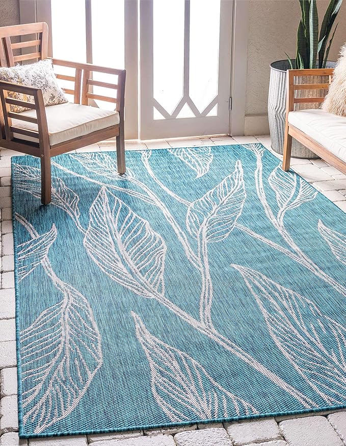 Unique Loom Outdoor Botanical Collection Area Rug - Leaf (5' 3" x 8' Rectangle, Teal/ Ivory)