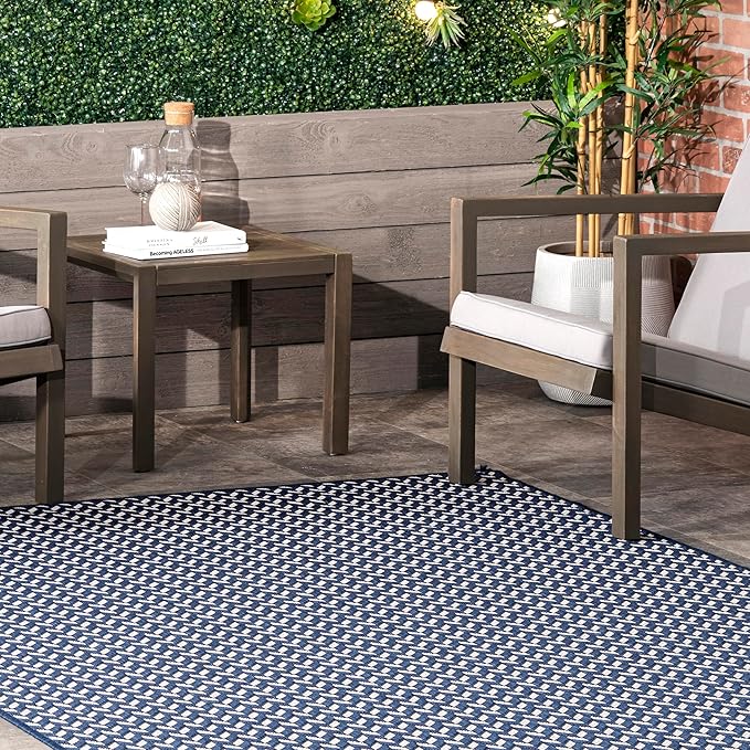 Nuloom Outdoor Performance Camryn Navy/Ivory, 8' Square, Herringbone, Soft, High Traffic, Stain Resistant, Easy Clean, Durable Area Rug for Indoor/Outdoor Patio, Deck, Porch, Garden, Courtyard