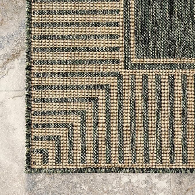 Nuloom Asha Green/Brown, 6'7" x 9', Casual, Striped Border, Soft and Cozy, High Traffic, Stain Resistant, Easy Clean, Durable Area Rug for Indoor/Outdoor Patio, Deck, Porch, Garden, Courtyard