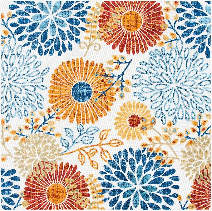 SAFAVIEH Washable Rug Outdoor Cabana Collection - 6'7" Square, Cream & Red, Non-Shedding & Easy to Clean, Ideal for Patio, Backyard, Mudroom (CBN832A)