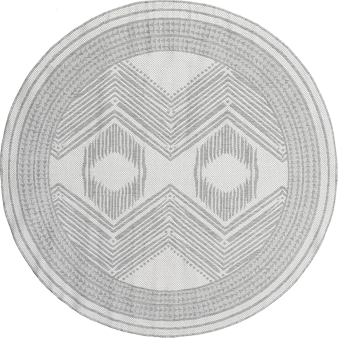 Nuloom Ranya Light Grey/Ivory, 8' Round, Tribal Geometric, Soft and Cozy, High Traffic, Stain Resistant, Easy Clean, Durable Area Rug for Indoor/Outdoor Patio, Deck, Porch, Garden, Courtyard