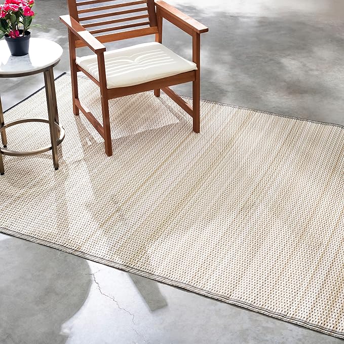 Fab Habitat Striped Neutral Outdoor Rug - Waterproof, Fade Resistant, Crease-Free, Reversible - Premium Recycled Plastic - Patio Porch Balcony Deck - Cancun Shadow SandBlack - 8x10 ft