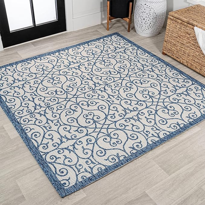 JONATHAN Y Vintage Filigree Indoor Outdoor Square Area Rug 5X5 Blue/Cream, Madrid Textured Weave for Backyard, Patio, Porch, Easy-Cleaning, High Traffic, Pet-Friendly, Non-Shedding (SMB107F-5SQ)
