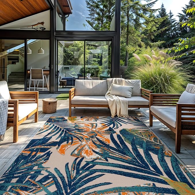 Rugshop Tropical Floral Leaves Indoor/Outdoor Area Rug Durable Polypropylene, Non-Shedding, Easy to Clean, Perfect for Patio, Backyard, Deck and Outdoor Lounge, High Traffic Areas, 12' x 15'