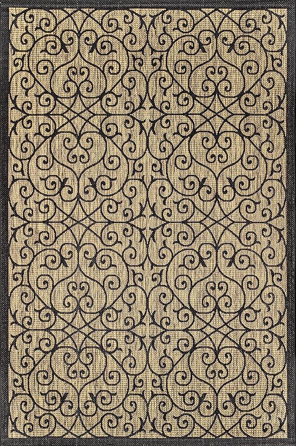 JONATHAN Y Vintage Filigree Indoor Outdoor Area Rug 8X10 Black/Khaki, Madrid Textured Weave for Backyard, Patio, Porch, Easy-Cleaning, High Traffic, Pet-Friendly, Non-Shedding (SMB107A-8)