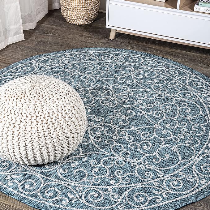 JONATHAN Y Vintage Filigree Indoor Outdoor Round Area Rug 9 Ft Teal/Gray, Charleston Textured Weave for Backyard, Patio, Porch, Easy-Cleaning, High Traffic, Pet-Friendly, Non-Shedding (SMB106F-9R)