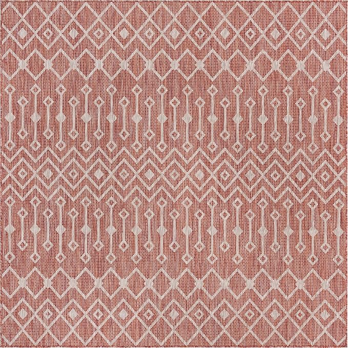 Unique Loom Outdoor Trellis Collection Area Rug - Tribal Trellis (7' 10" Square, Rust Red/ Ivory)