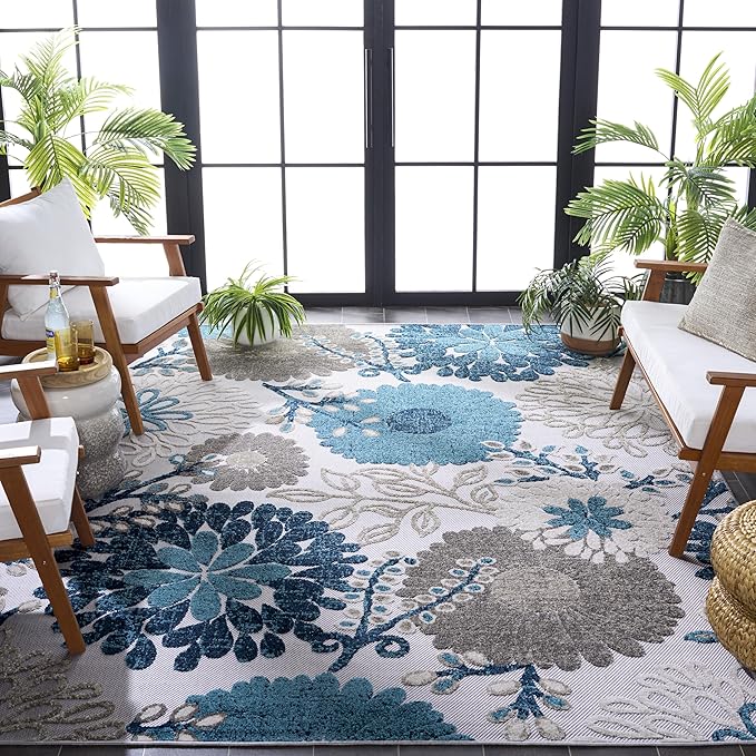 SAFAVIEH Washable Rug Outdoor Cabana Collection - 8' x 10', Grey & Blue, Non-Shedding & Easy to Clean, Ideal for Patio, Backyard, Mudroom (CBN832F)
