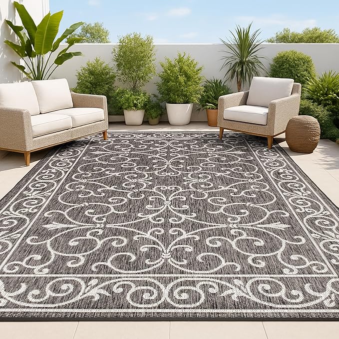 JONATHAN Y Vintage Filigree Indoor Outdoor Area Rug 4X6 Black/Gray, Charleston Textured Weave for Backyard, Patio, Porch, Easy-Cleaning, High Traffic, Pet-Friendly, Non-Shedding (SMB106G-4)