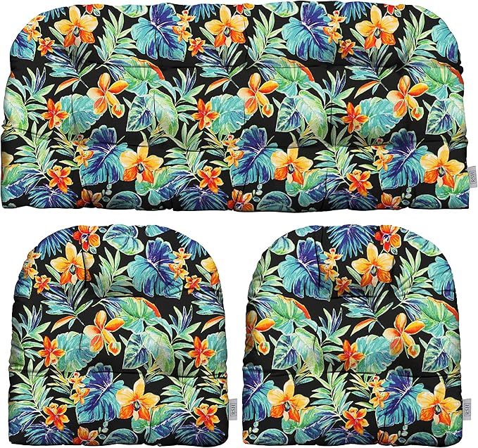 RSH DECOR: 3-Piece Wicker Tufted Cushion Set | for Large Wicker Sets | Outdoor Loveseat & U-Shaped Seat Cushions | Water & Fade-Resistant Spun Fabric | Beachcrest Caviar