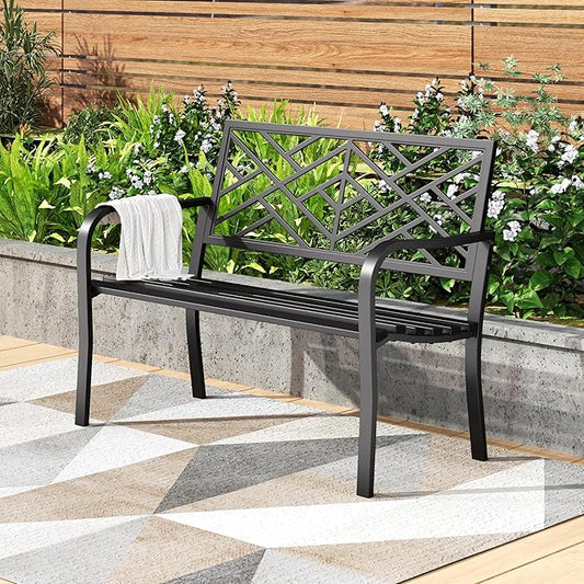 PHI VILLA 43 Inch Cast Iron Steel Frame Outdoor Garden Bench, Patio Furniture Chair Bench w/Line Pattern Design Backrest, Slatted Seat for Park, Yard, Porch - Black