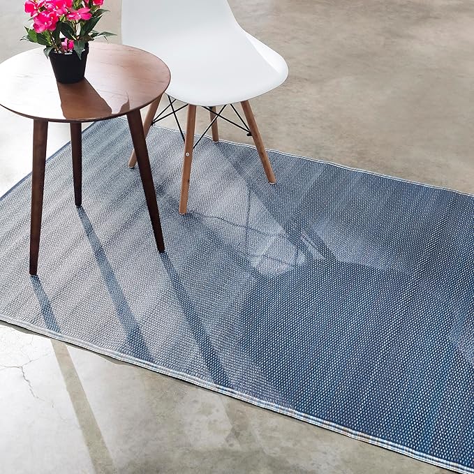 Fab Habitat Outdoor Rug - Waterproof, Fade Resistant, Crease-Free - Premium Recycled Plastic - Striped - Patio, Porch, Deck, Balcony, Sunroom - Cancun - Shadow Blue - 5 x 8 ft