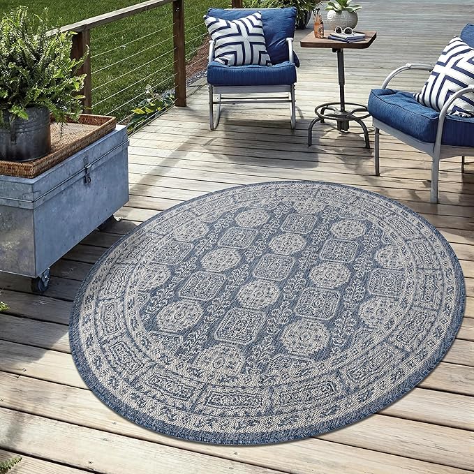 Keen Home Design Terrace Outdoor Area Rug - 63" Round Washable Indoor/Outdoor Rug for Patio, Kitchen, Balcony, Beach, Garden, Deck and Porch, Size: 5'3" Round, Trend Navy