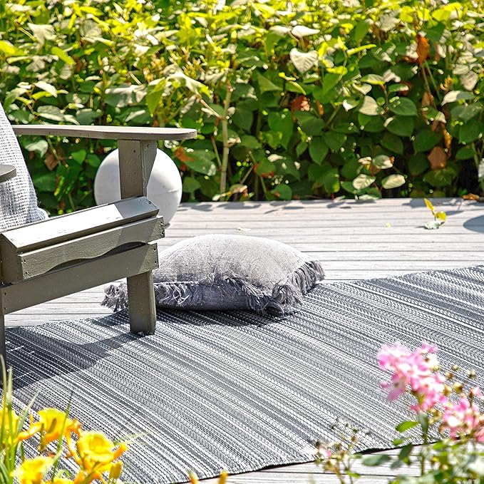 Fab Habitat Outdoor Rug - Waterproof, Fade Resistant, Crease-Free - Premium Recycled Plastic - Striped - Large Patio, Deck, Sunroom, Camping, RV - Cancun - Midnight - 6 x 9 ft