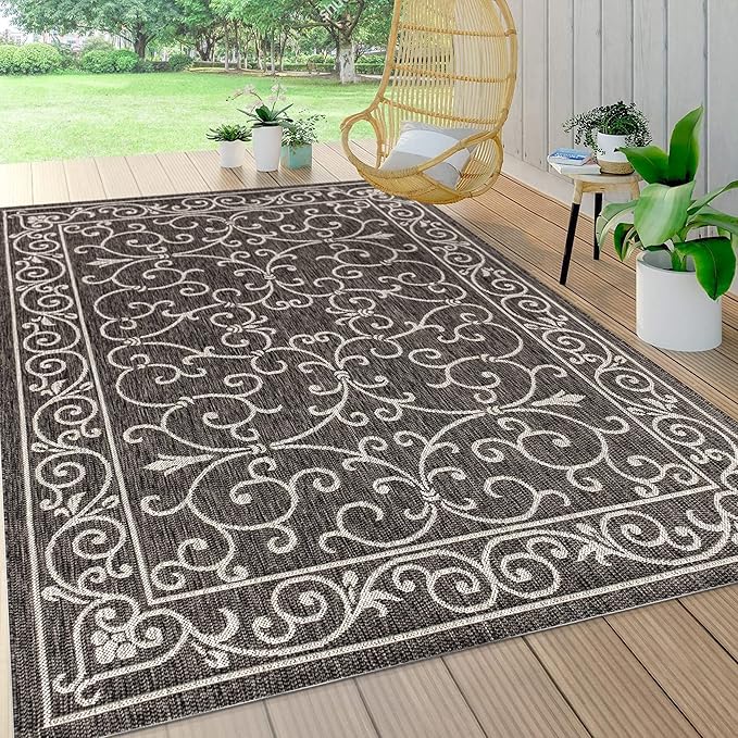 JONATHAN Y Vintage Filigree Indoor Outdoor Area Rug 5X8 Black/Gray, Charleston Textured Weave for Backyard, Patio, Porch, Easy-Cleaning, High Traffic, Pet-Friendly, Non-Shedding (SMB106G-5)