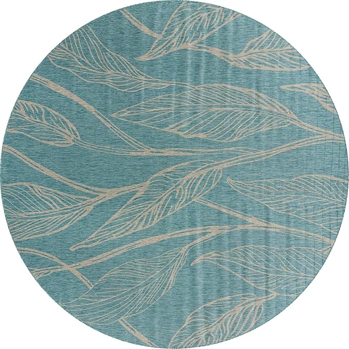 Unique Loom Outdoor Botanical Collection Area Rug - Leaf (13' Round, Light Aqua/ Ivory)