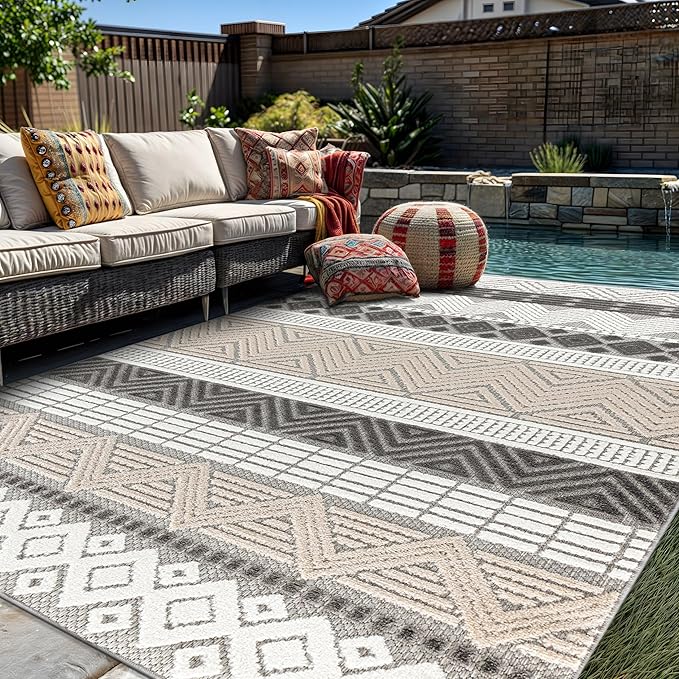 Rugshop Gray Marbella Boho Indoor/Outdoor Area Rug, Machine Washable for Backyard, Deck and Outdoor Lounge 12' x 15'