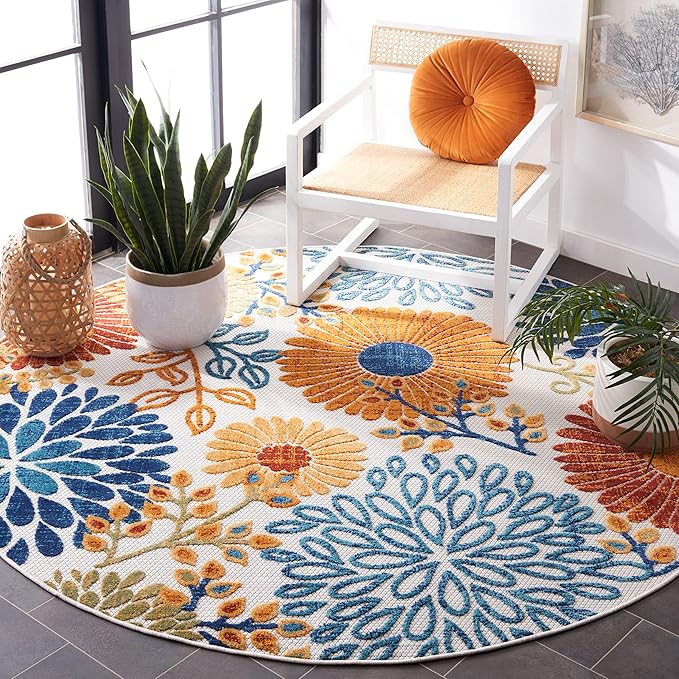 SAFAVIEH Washable Rug Outdoor Cabana Collection - 5'3" Round, Cream & Red, Non-Shedding & Easy to Clean, Ideal for Patio, Backyard, Mudroom (CBN832A)