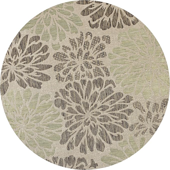 JONATHAN Y Floral Textured Weave Indoor Outdoor Round Area Rug 9 Ft Sage/Brown, Zinnia Modern for Backyard, Patio, Porch, Easy-Cleaning, High Traffic, Pet-Friendly, Non-Shedding (SMB110A-9R)