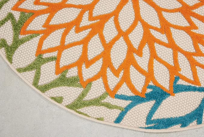 Nourison Home Aloha Indoor/Outdoor Multicolor 5'3'' x Round Area--Rug, Tropical, Botanical, Easy--Cleaning, Non Shedding, Bed Room, Living Room, Dining Room, Deck, Backyard, Patio (5 Round)