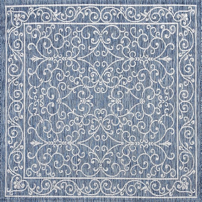 JONATHAN Y Vintage Filigree Indoor Outdoor Square Area Rug 6X6 Navy/Gray, Charleston Textured Weave for Backyard, Patio, Porch, Easy-Cleaning, High Traffic, Pet-Friendly, Non-Shedding (SMB106D-6SQ)