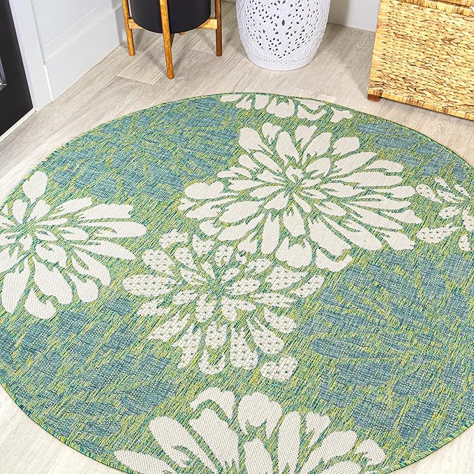 JONATHAN Y Floral Textured Weave Indoor Outdoor Round Area Rug 8 Ft Cream/Green, Zinnia Modern for Backyard, Patio, Porch, Easy-Cleaning, High Traffic, Pet-Friendly, Non-Shedding (SMB110D-8R)