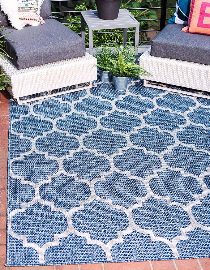 Unique Loom Outdoor Trellis Collection Area Rug (7' 1" x 10' Rectangle, Navy Blue/ Ivory)
