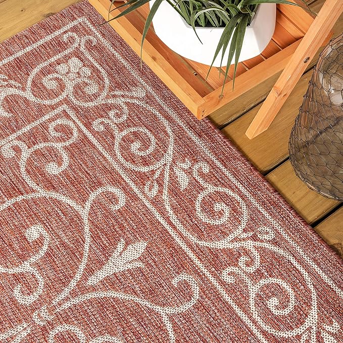 JONATHAN Y Vintage Filigree Indoor Outdoor Square Area Rug 6X6 Red/Beige, Charleston Textured Weave for Backyard, Patio, Porch, Easy-Cleaning, High Traffic, Pet-Friendly, Non-Shedding (SMB106B-6SQ)