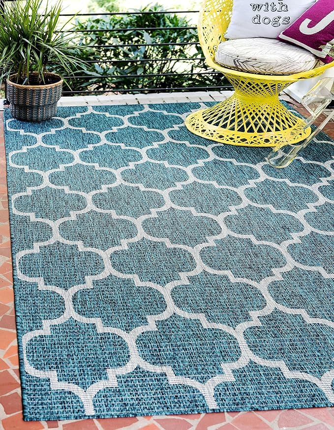 Unique Loom Outdoor Trellis Collection Area Rug (4' 1" x 6' 1" Rectangle, Teal/ Gray)